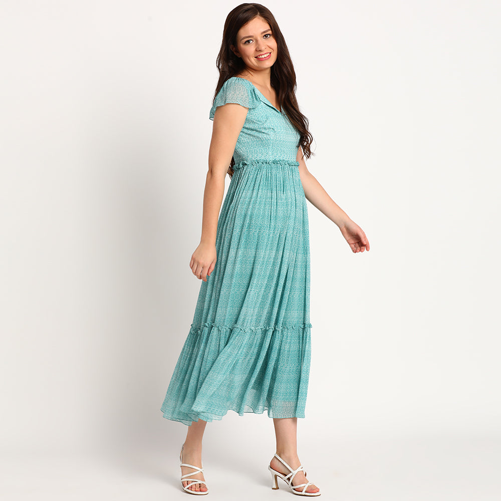 Blue Doodle | Wide collar long dress
