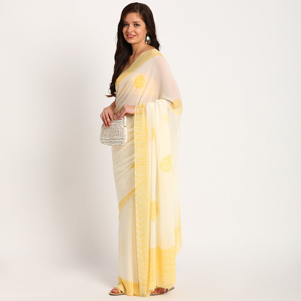 Pure Georgette Saree |Yellow doodle| Polka