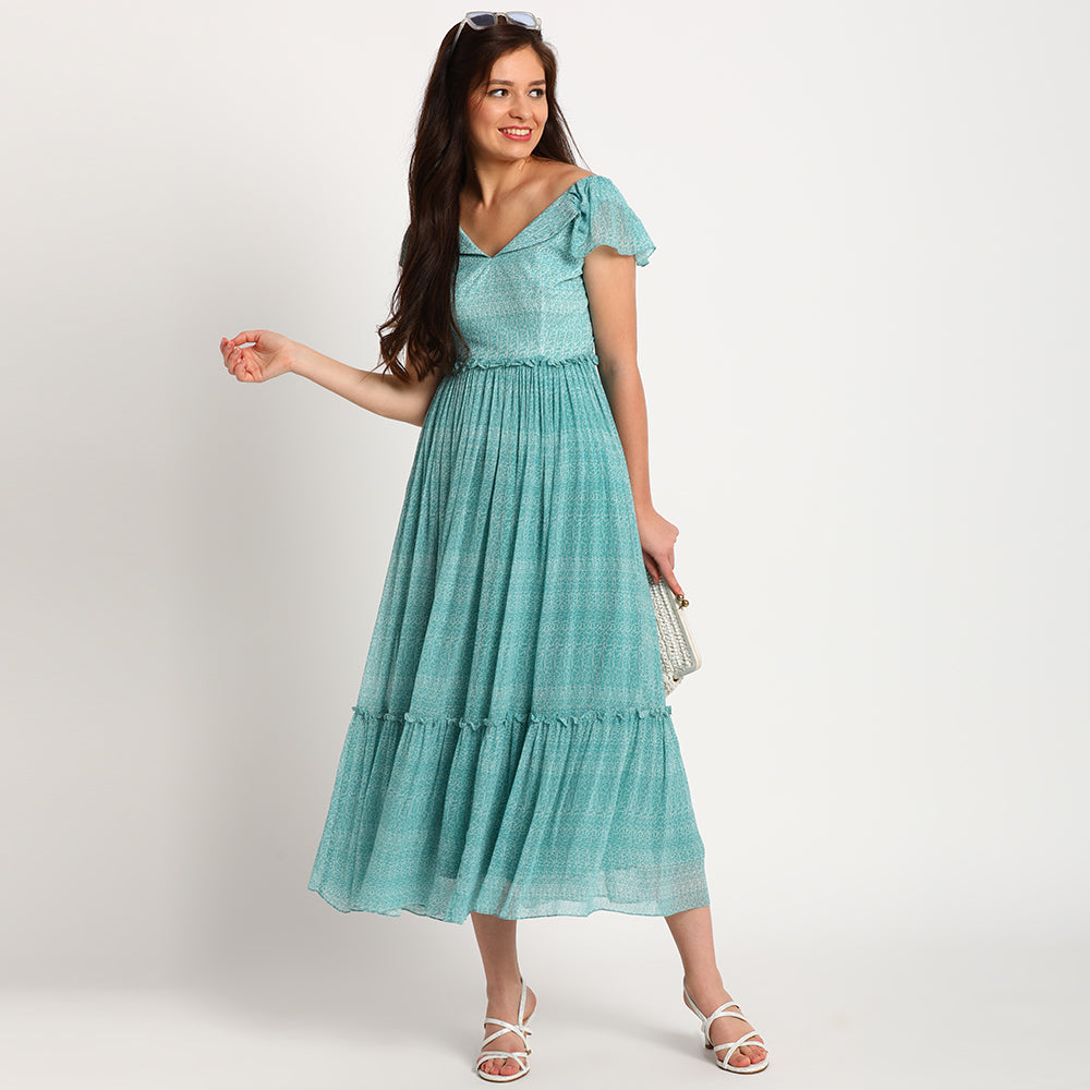 Blue Doodle | Wide collar long dress