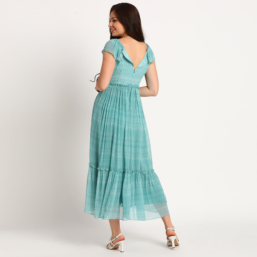 Blue Doodle | Wide collar long dress