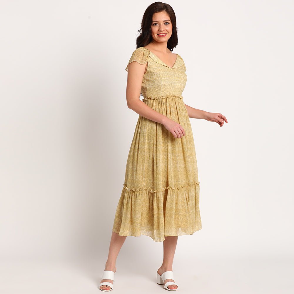 Yellow Doodle | Wide collar long dress