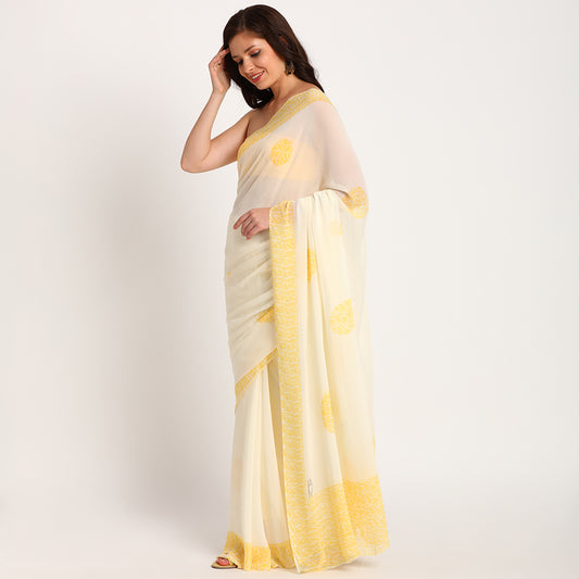 Pure Georgette Saree |Yellow doodle| Polka