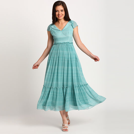 Blue Doodle | Wide collar long dress