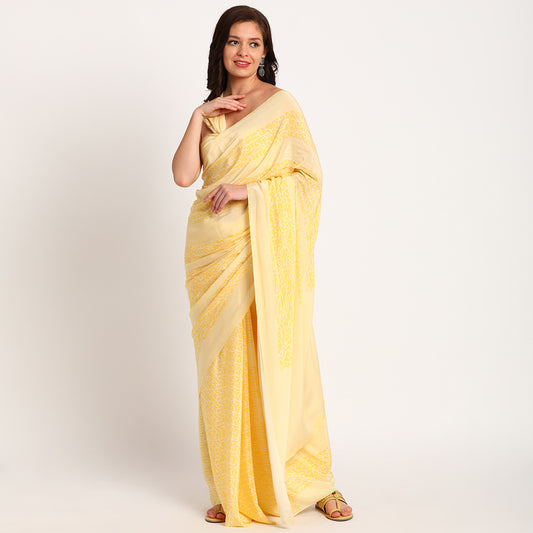 Pure Crepe Saree | Yellow doodle |Lines