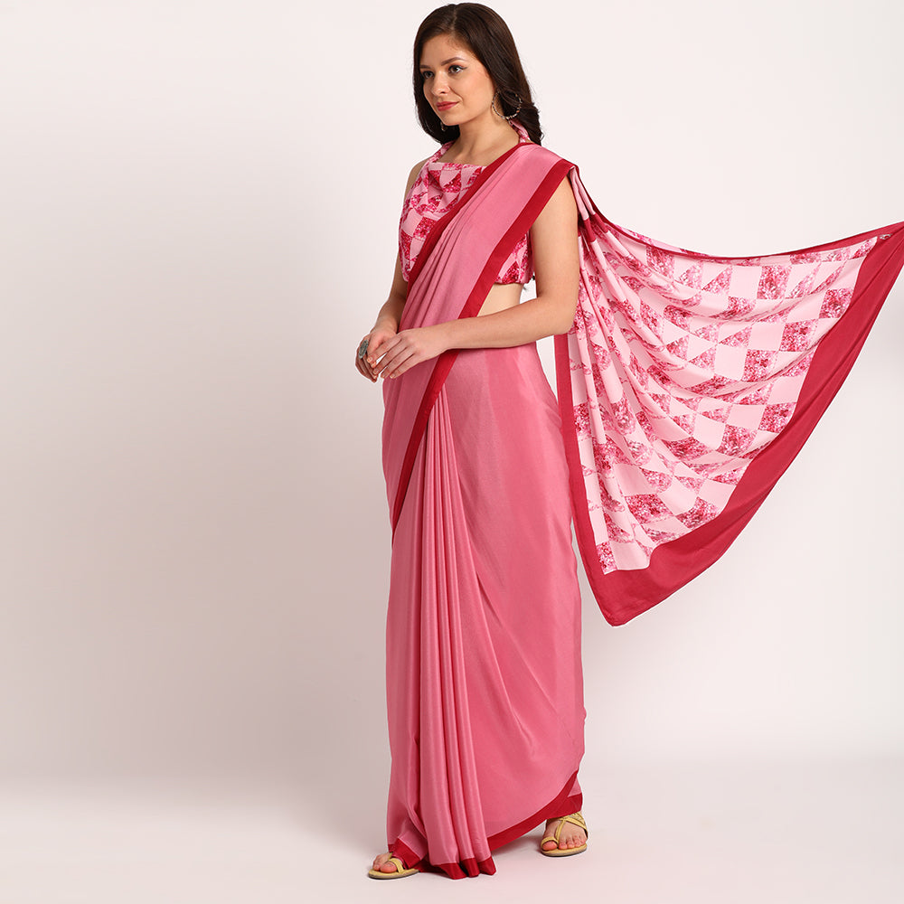 Pure Crepe Saree| Pink Spring| Grid