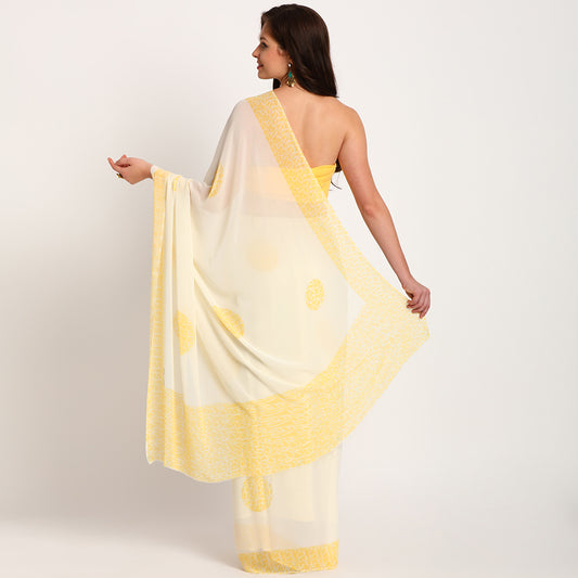 Pure Georgette Saree |Yellow doodle| Polka