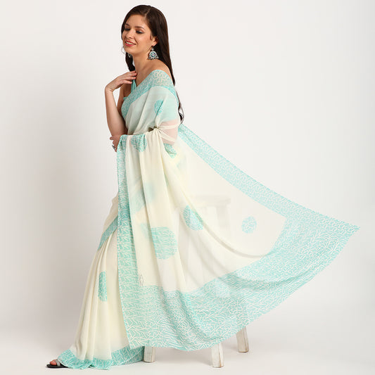 Pure Georgette Saree| Blue Doodle| Polka